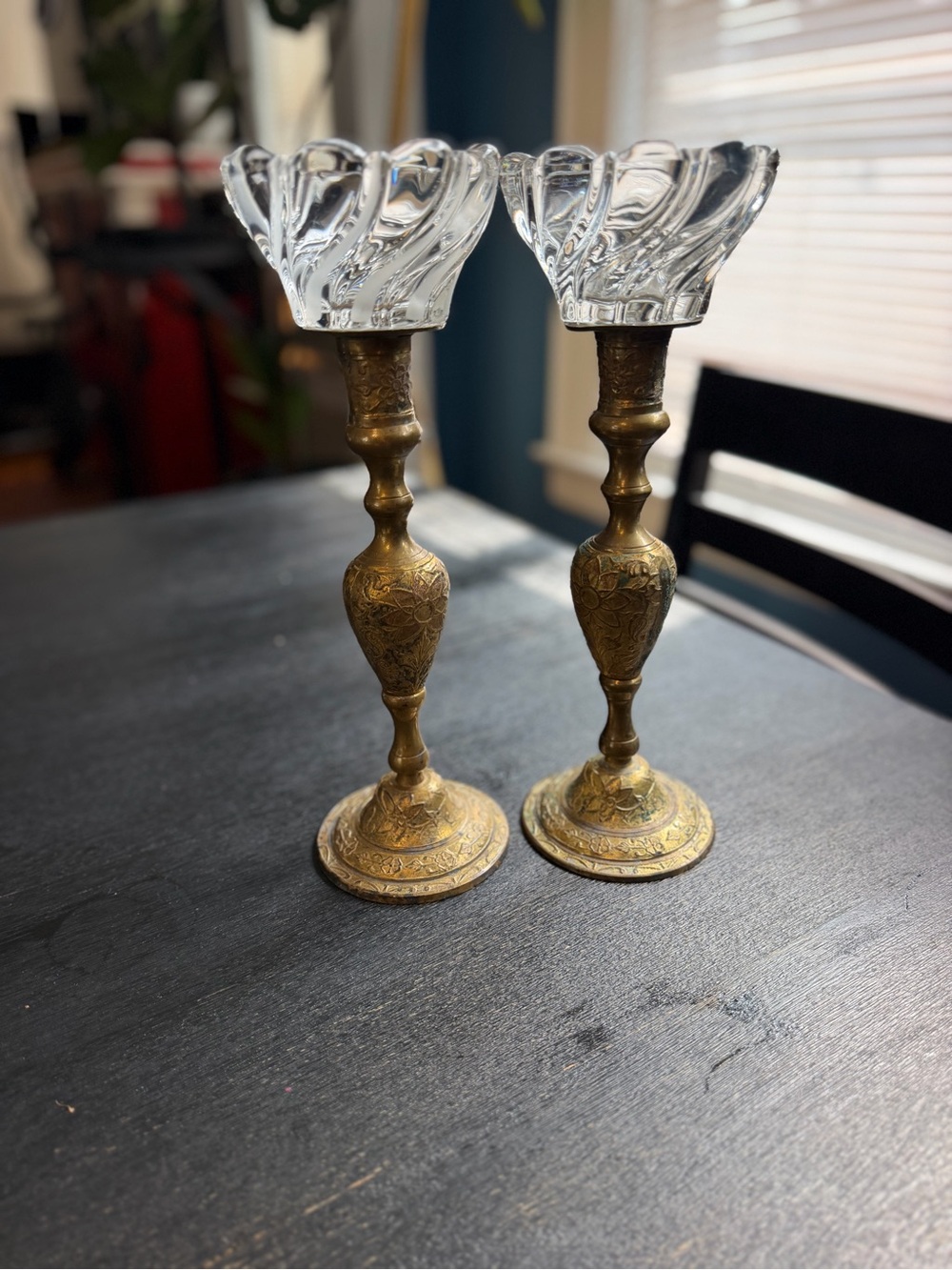 Vintage Brass-Tone Candlesticks with Clear Glass Shades